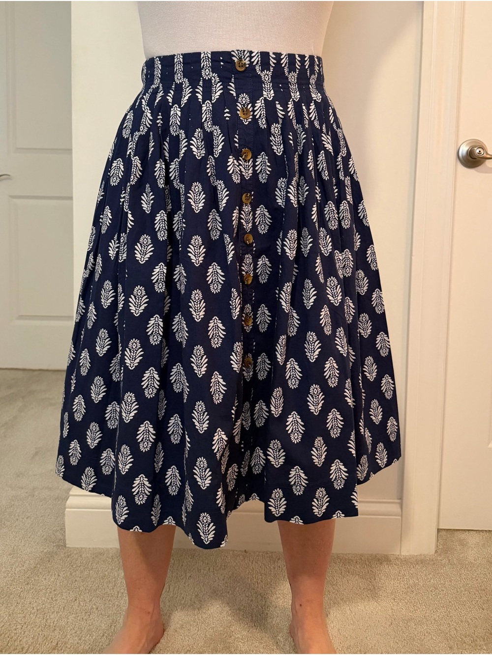 J. Crew Navy Blue Printed Button-Front Midi Skirt